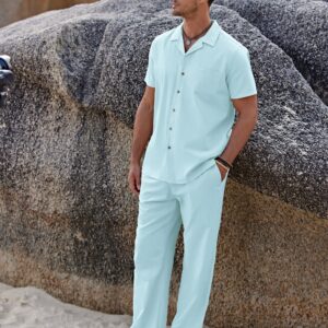 Men 2pcs Linen Outfit Beach Button Shirt Casual Loose Pant Sets - Player Fashions