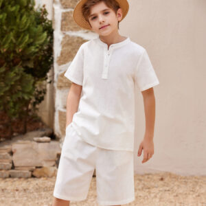 Boy's 2 Pieces Cotton Linen Set Casual Henley Shirts Short Sleeve Beach Shorts Summer Outfits for 5-12 Years Kids - Player Fashions