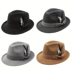 Short Brim Felt Flongo Classic Fedora Hats For Men Women Panama Dress Hat With Feather - Player Fashions