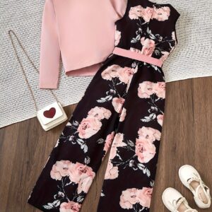 Girls' Fashionable Casual Suit + Floral Jumpsuit (Jacket on Top, Jumpsuit on Bottom) (Jumpsuit with Belt), For Outdoor- Player Fashions