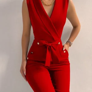 Women Casual V Neck Jumpsuits Button Lace Up Sleeveless Wide Leg Pants Streetwear Overalls Jumpsuit Women - Player Fashions  200000345