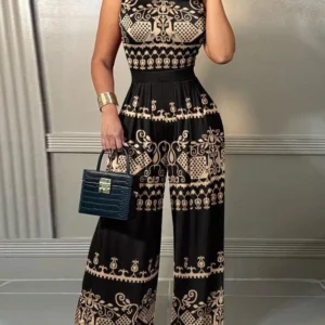 Elegant Women Wide Leg Long Juumpsuit 2024 Spring Summer Fashion Printed Sleeveless Casual Holiday Bodysuits Jumpsuits Trousers - Player Fashions 200000345