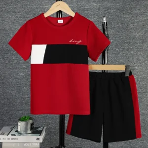 2pcs Boys Casual Colorblock Short Sleeve T-shirt & Shorts Set, Comfy Summer Kids Clothes - Player Fashions 1501