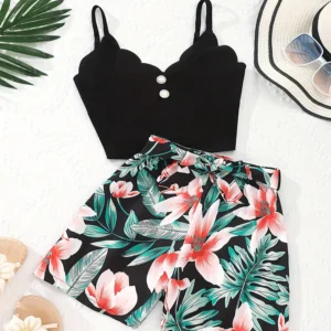 Two Piece Summer Girl Cute And Fashionable Sleeveless Suspender Top Printed Shorts Set Princess Daily Casual Birthday Party Set - Player Fashions