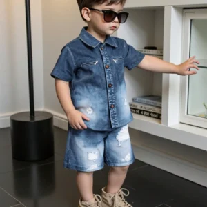 2025 New Imitation Cotton Fabric Denim Digital Print Lapel Short Sleeve Shorts Version Trend Retro For Boys Outdoor 2 Sets - Player Fashions 1501