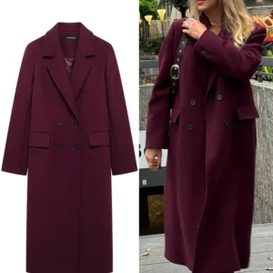 TRAFZA Women Fashion Burgundy Woolen Coat Double Breasted Long Sleeve Lapel Blends Jacket Autumn Winter High Street Outerwear - Player Fashions 200000345