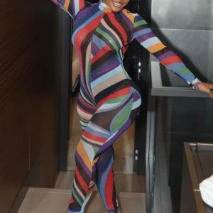 Weird Puss Sexy Colorful Print Jumpsuit Women Mesh Zip Y2K Full Sleeve O-Neck Turtleneck Trend Skinny Stretch Workout Overalls - Player Fashions!