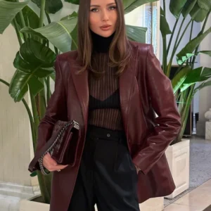 Vintage Burgundy Women Lapel Collar Shiny Leather Suit Jacket Fashion Long Sleeve Slim Shoulder Padded Coat 2025 Chic Streetwear - Player Fashions