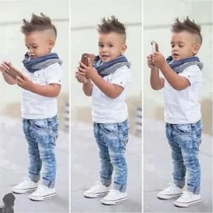 2025 Summer Boys Outfits Set 3Pcs Kids Random Cool Clothes Toddler T-Shirt + Jeans + Scarf Fashion Suits Children's Clothing Set - Player Fashions 1501