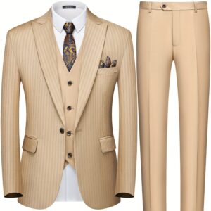 Men's Slim Fit Pinstripe 3pcs Suit, Single-Breasted Blazer, Vest & Pants Set for Business, Wedding & Party, PLUS SIZE - Player Fashions