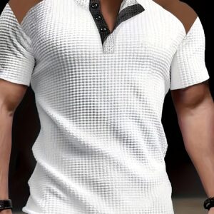 Men'S Waffle Texture Two-Tone Henley Shirt - Casual Summer Short Sleeve, Round Neck, Non-Stretch Fabric - Player Fashions