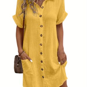 Women'S Summer Mini Dress Short Sleeve Lapel Collar Button Pocket Dress Fashion Shirt Dress - Player Fashions