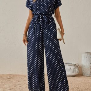 Short Sleeve Casual Jumpsuit with Polka Dot Cinched Waist for Spring & Summer, Women's Clothing - Player Fashions