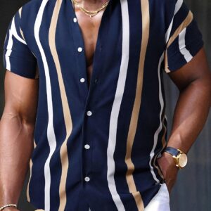 Short Sleeve Men's Stripe Graphic Print Shirt, Casual Lapel Button Up for Summer Outdoor Activities - Player Fashions