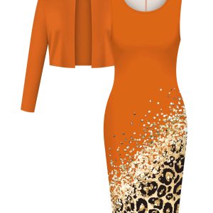 Two-Piece Outfit Featuring a Stylish Solid Color Cardigan with Long Sleeves And a Leopard Print Dress. - Player Fashions
