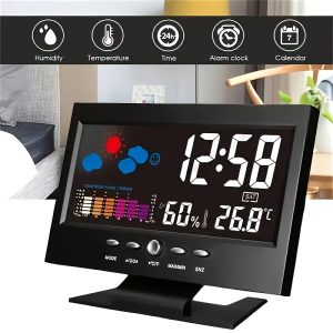 Multi-Function Digital Alarm Clock 2024 - Weather Forecast, Indoor Thermometer, Calendar Display, Metal Frame, USB Powered, Rectangle Shape, Mechanical Mechanism, Auto-Shut-Off Chime - Black - Playerfashions