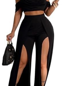 WOKANSE Women's Sexy 2 Piece Outfits 2025 Off Shoulder Strapless Crop Top and High Split Wide Leg Pants Sets Black S  Clothing, Shoes & JewelryRufus AIRufus AI - Player Fashions (Our Amazon Discount Price $42.99)