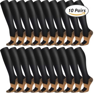 10 Pairs Copper Compression Socks for Women & Men Circulation - (Black) Knee High Socks, Best for Daily, Travel, Running, Climbing, Hiking & Sport - Player Fashions