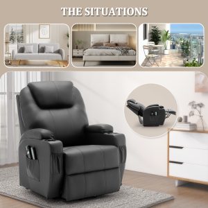 Electric Recliner With Massage And Heating, Power Lift Recliner Chair For Elderly And Adults, Modern Reclining Chair With Remote Control, Cup Holder, And Faux Leather Upholstery - Player Fashions