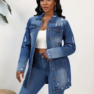 Stylish Dark Blue Denim Jacket for Women - Fashionable Ripped Turn-down Collar, Loose Fit, Casual Chic, Solid Color, Comfortable Outwear for Everyday Wear - Female Fashion Coat, Perfect for Spring and Autumn - Player Fashions