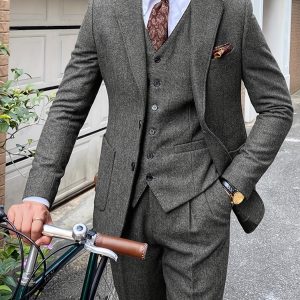 Men'S 3pcs Tweed Suit Wool Blend Herringbone Formal Wedding Party Event Vintage Western Suit Casual Business Workwear Suit - Player Fashions