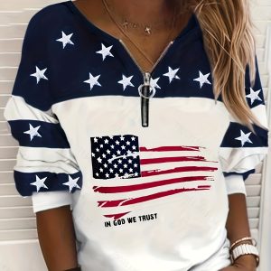 [American Flag Sweatshirt] American Flag Printed Pullover Sweatshirt - Casual Long Sleeved Zipper Sweatshirt For Autumn And Winter - Women's Clothing - Player Fashions