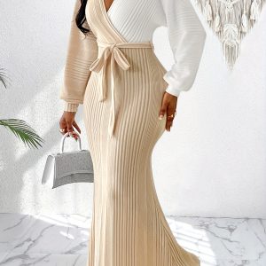 Two-Tone Polyester Elegant Batwing Sleeve Bodycon Long Dress with V-Neck Patchwork, Lace-Up Detail for Women, Fall Season - Player Fashions