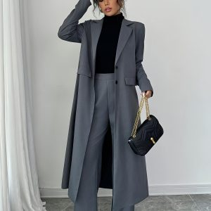 Elegant Cat Ear Design Women'S Poncho Suit - Stylish Long Trench Coat with Lapel Collar and Decorative Buttons, Light Gray Polyester Blend, Perfect for All Seasons - Player Fashions