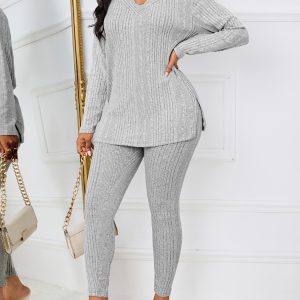 The New Solid Color Versatile Knitted V-Neck Top with Slit Details at The Hem Is a Solid Color Casual And Versatile Home Two-Piece Set - Player Fashions
