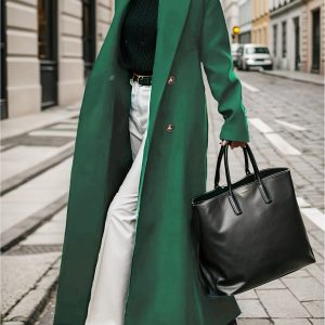 [Chic Green Double-Breasted Trench] Chic Green Double-Breasted Trench Coat - Elegant Women's Long Coat with Large Buttons, Long Sleeves, and Side Pockets for Fall/Winter Fashion - Player Fashions