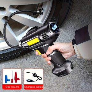 Portable 120W Car Tire Inflator - Wireless & Wired, LED Light, Digital Display, 4000mAh Rechargeable Battery, USB/Battery Powered, Includes Gas Nozzle for Quick Inflation - Playerfashions
