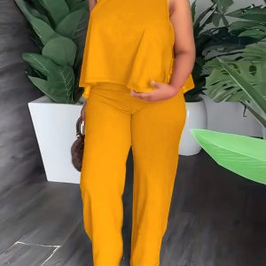 New Summer Elegant Round Neck Sleeveless Loose Hem Cropped Top Straight Trousers Women'S Two-Piece Set - Player Fashions