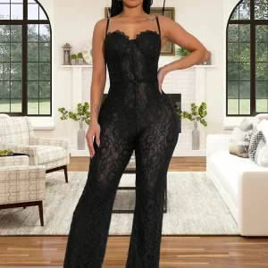 Wishyear Black Lace Sleeveless Strap Wide Leg Romper High Waist Playsuits Jumpsuit Women Sexy Night Club One Pieces Outfits 2025 - Player Fashions
