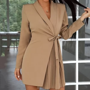 Women'S Elegant Dresses Casual Temperament Solid Color Long Sleeve Waist Tie Pleated Suit Dress Receive Waist Office Work Suits - Player Fashions 200000345