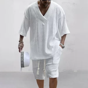 Men Shorts Set Summer Casual Knitted Two Piece Men's Clothing V-Neck Short Sleeve T-shirt and Shorts Streetwear Knit Outfits - Player Fashions 200000343