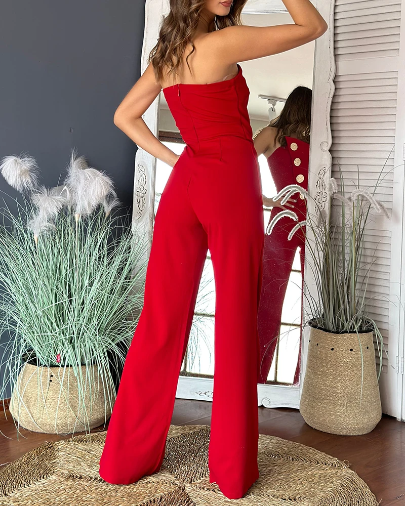 2024 Asymmetrical Bandeau Strapless Jumpsuit Metal Button Decor Casual Overalls - Player Fashions - Image 2