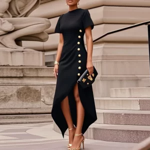 Modigirl Wedding Black Dresses for Women Gold Button Clothes Asymmetrical 2025 Summer Woman Short Sleeves Party Maxi Dresses - Player Fashions