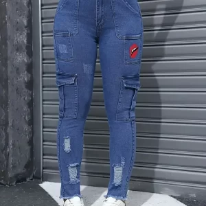 Women's Blue Elastic Jeans With Waist And Hip Lift Tight Little Fee Hairy Edges Sexy Overalls Multi-pocket Pants Lipstick Print - Player Fashions