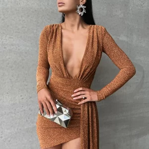 Kliou Asymmetrical Shiny Mini Dress For Women Hipster Bronzing Full Sleeve V-neck Skinny Robe Female Stunning Party Club Vestido - Player Fashions  200000345