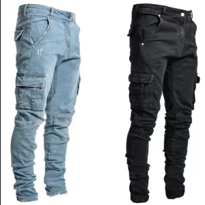Men Street Elastic Denim Jeans Wash Solid Color Multi Pockets Cargo Pants Casual Slim Fit Daily Wear Joggers Mid Waist Trousers - Player Fashions 200000343
