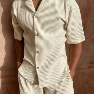 Spring/Summer suit Solid color corduroy shorts sleeve shirt and shorts stretch beach casual suit - Player Fashions