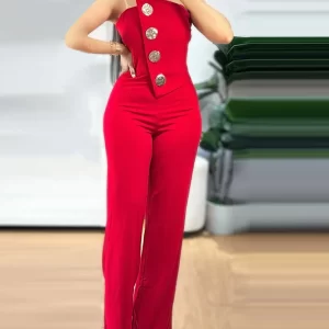 2024 Asymmetrical Bandeau Strapless Jumpsuit Metal Button Decor Casual Overalls - Player Fashions