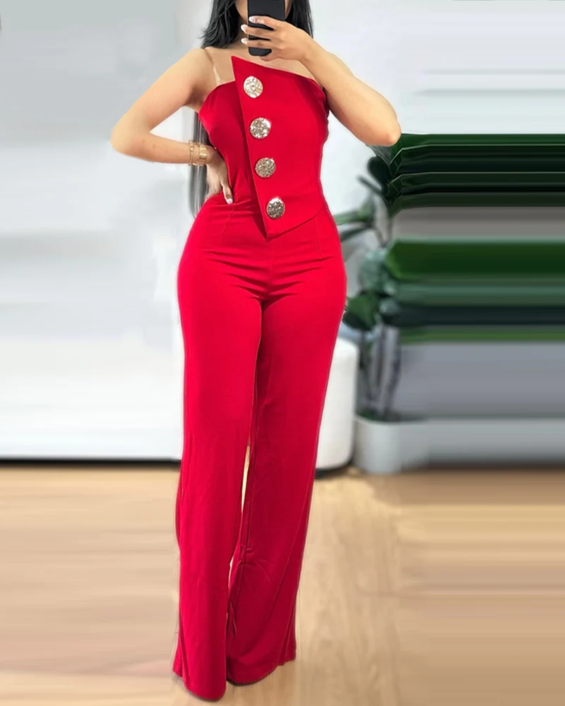 2024 Asymmetrical Bandeau Strapless Jumpsuit Metal Button Decor Casual Overalls - Player Fashions