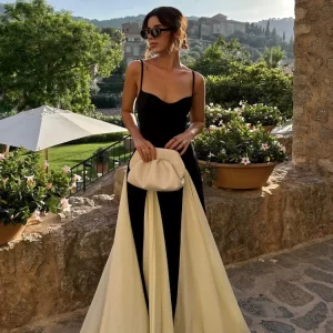 Fashion Contrast Women's V-neck Sling Long Dress For Women Elegant Pleated Backless Sleveless Maxi Dresses Lady Evening Vestidos - Player Fashions 200000345