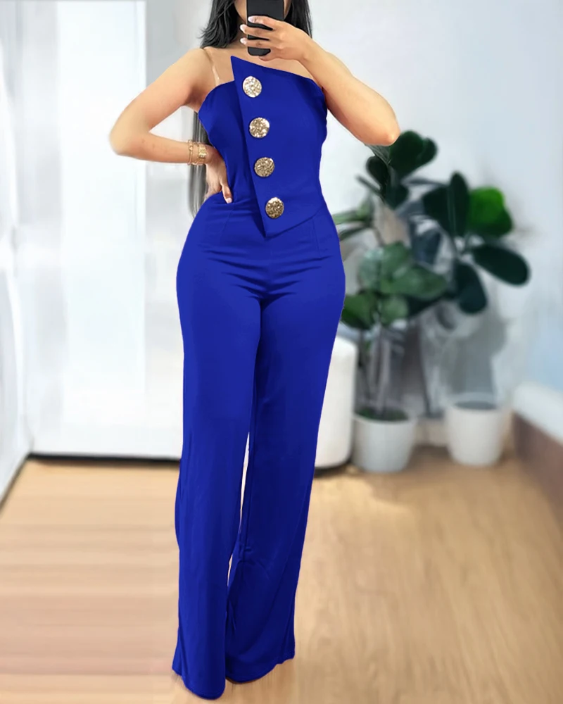 2024 Asymmetrical Bandeau Strapless Jumpsuit Metal Button Decor Casual Overalls - Player Fashions - Image 5