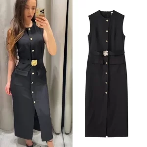 Elegant Black With Belt Women Dress O-neck Sleeveless Single Breasted Slim Female Maxi Dresses 2025 Summer New Chic Lady Robe - Player Fashions