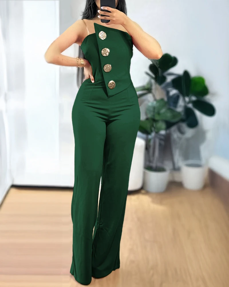 2024 Asymmetrical Bandeau Strapless Jumpsuit Metal Button Decor Casual Overalls - Player Fashions - Image 6