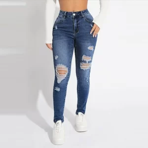 Women'S Skinny Trend Ripped Casual Fashion Small Foot Jeans Elastic Waist Drawstring Jeans Fashion Skinny Slim Ankle-Length Pant - Player Fashions 200000345