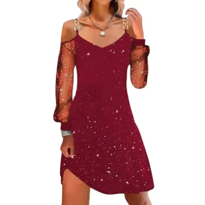 Women Elegant Christmas Maxi Dress Sexy Cold Shoulder Long Sleeve Sequin Slim Fit Vestido Aline Bodycone Suspender Dresses - Player Fashions 200000345