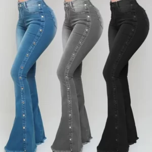 Jeans High Waist Strecth Denim Flare Pants Women Vintage Trousers Buttons Denims Streetwear 2024 Autumn Female Floor Length - Player Fashions 200000345